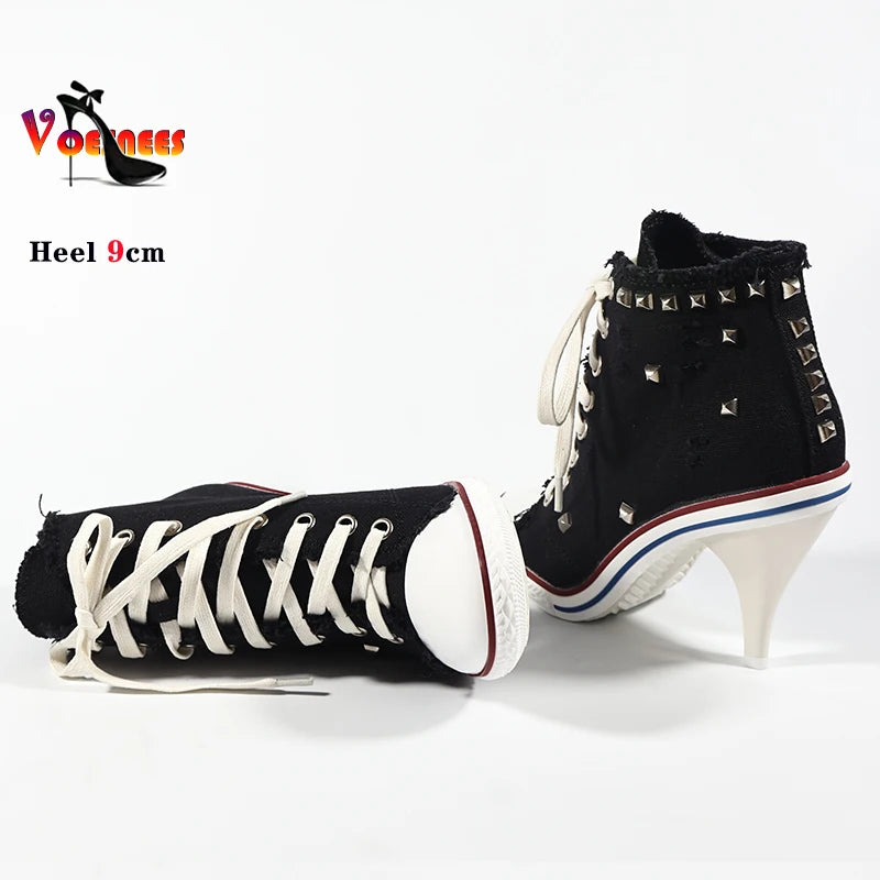 2024 NEW Spring High Heels Rivet Black Shoes Women Fashion Thin Heels Denim Canvas Shoes High Top Round Toe Lace Up Ladies Boots