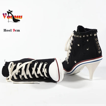 2024 NEW Spring High Heels Rivet Black Shoes Women Fashion Thin Heels Denim Canvas Shoes High Top Round Toe Lace Up Ladies Boots