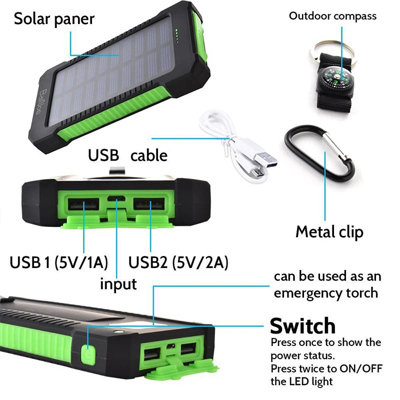 Solar Power Bank 100000mAh Waterproof Portable Solar Panel Charger Powerbank for iPhone16 Samsung Huawei Xiaomi External Battery