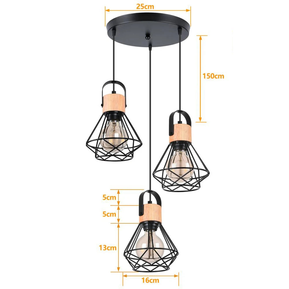 3 Heads Vintage Pendant Lights Wood Hanging Lamp Chandelier Industrial for Loft Dinning Living Room Kitchen Lighting Fixture LED