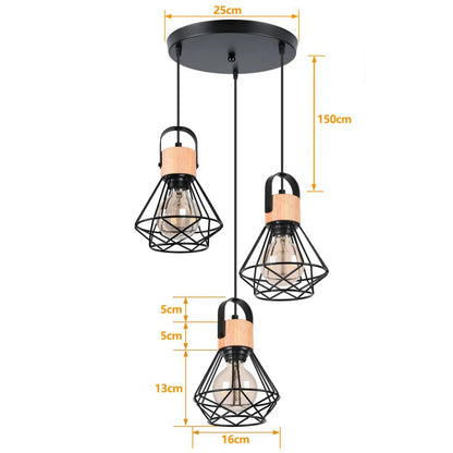 3 Heads Vintage Pendant Lights Wood Hanging Lamp Chandelier Industrial for Loft Dinning Living Room Kitchen Lighting Fixture LED