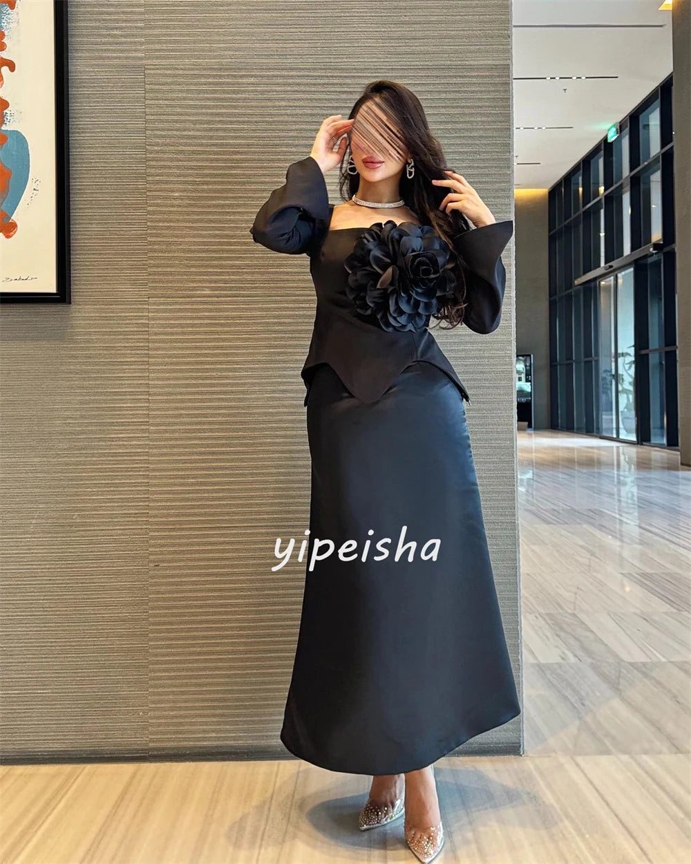 Customized Jersey Flower Ruched Celebrity A-line Square Neck Bespoke Occasion Gown Midi Dresses