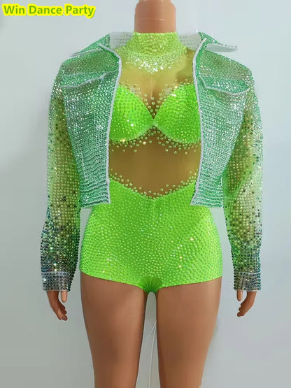 Mesh Fluorescent Full Diamond Slim Fit Hip Wrapped Jumpsuit Jacket Singer Model Nightclub Bar Performance Costume