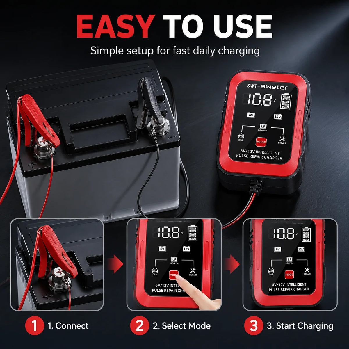 ZNLYRION 2Pcs /pair 6V 12V Smart Car Battery Charger 1.5A Pulse Repair Charger for Lead Acid LiFePO4 Battery Digital Display Auto Motorcycle Battery Maintainer with Alligator Clips Ring Terminal Cables