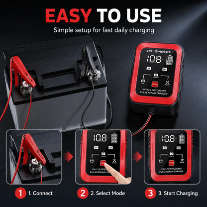 ZNLYRION 2Pcs /pair 6V 12V Smart Car Battery Charger 1.5A Pulse Repair Charger for Lead Acid LiFePO4 Battery Digital Display Auto Motorcycle Battery Maintainer with Alligator Clips Ring Terminal Cables