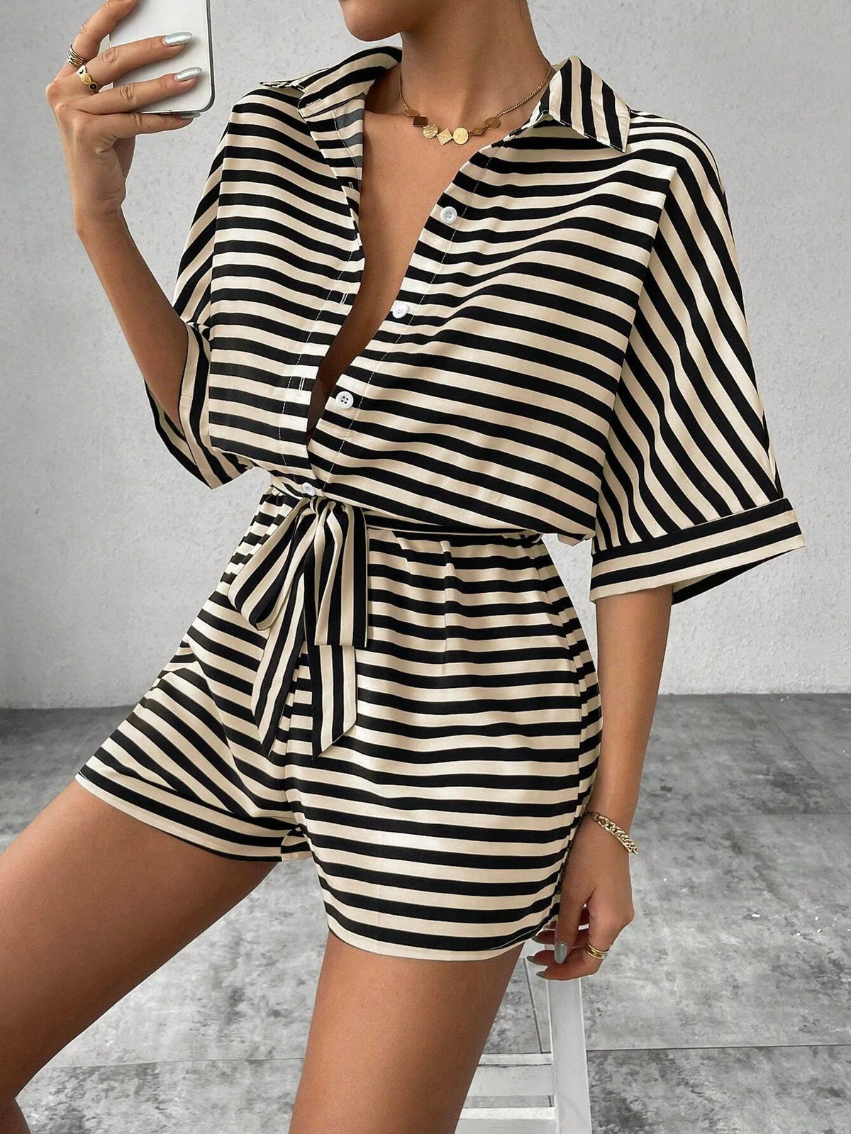 Women One Piece Short Sleeve Striped Overalls Shorts Pants Elastic Waist Turn Down Collar Rompers