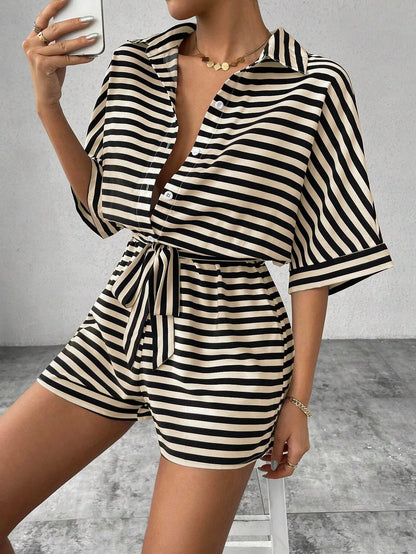 Women One Piece Short Sleeve Striped Overalls Shorts Pants Elastic Waist Turn Down Collar Rompers