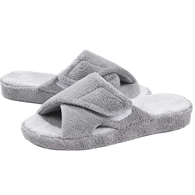 Smile Popcorn Women Adjustable Cross Strap Slippers Soft Fleece Two-tone Open Toe Non Slip Cozy Memory Foam Indoor House Slides
