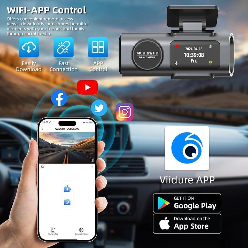 YanAbode 4K Car Dash Cam WiFi GPS Support Optional Rearview Camera Wide Angle Night Vision Car Video Recorder DVR