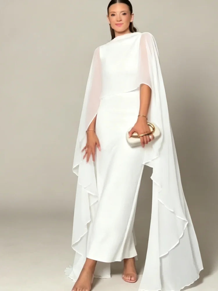 Sheer Cape Round Neck Maxi Dress For Woman Open Back Solid Plain Design Skirt Elegant Wedding Formal Evening Female Long Robes