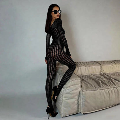 Black Jumpsuits Women Sexy Fishnet See Through Long Rompers 2026 Summer Women Pants Skinny Rompers Jumpsuits Overalls Pantyhose