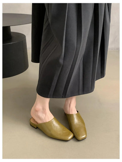 Fashion Square Toe Flat Slippers Women Casual Slip On Mule Luxury Brand Outsides Slides Elegant Pleated Ladies Shoes Sandal Flip