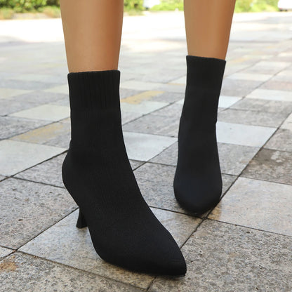 Spring Autumn Women Ankle Boots Slip-On Sexy Chelsea Boots Women Luxury Stretch Fabric Women Socks Shoes Pointed Toe High Heels