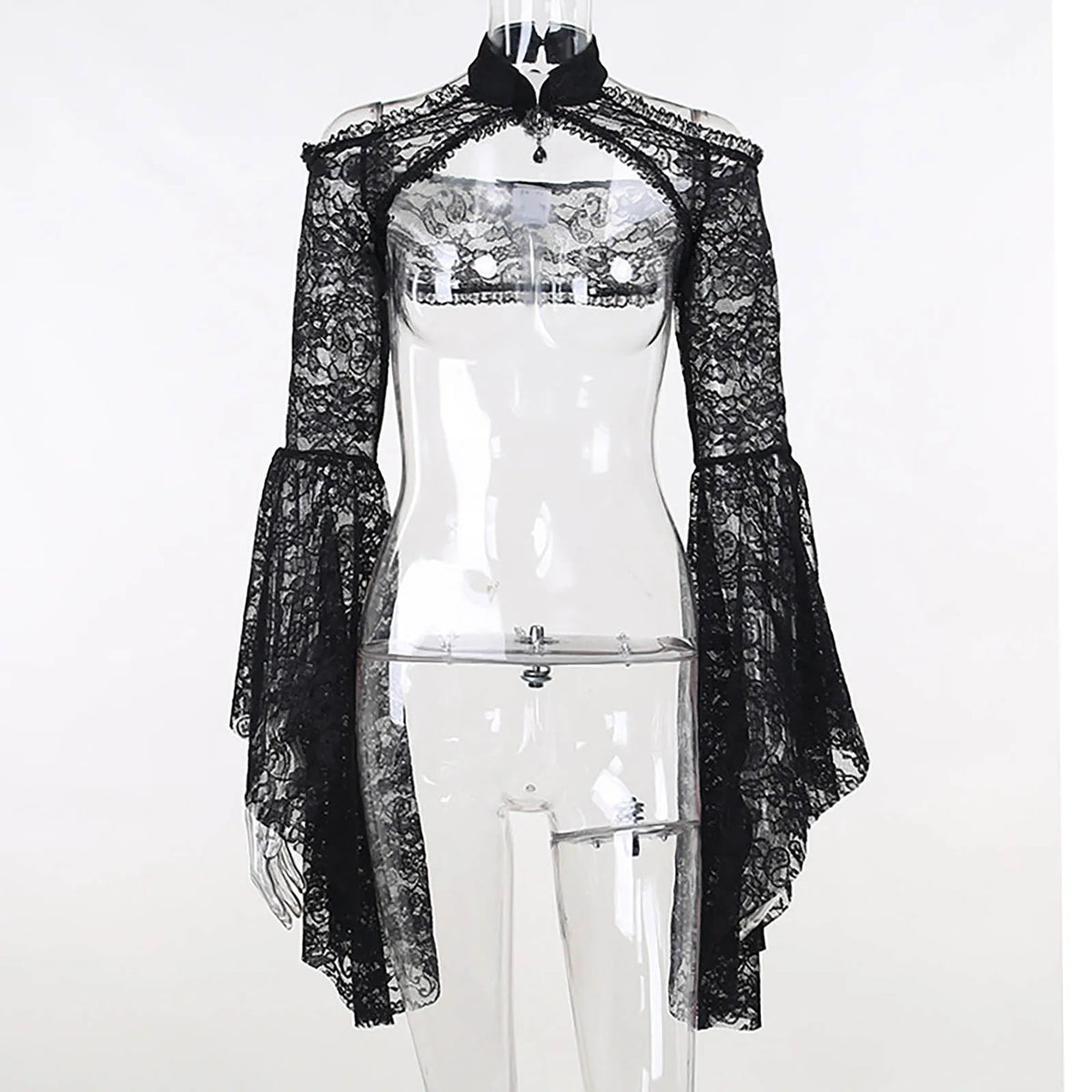 Gothic See Through Shrug Tops Grunge Aesthetic Black Flare Sleeve Crop Top Women Streetwear Vintage Punk Sexy Clothing