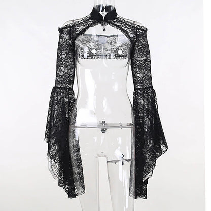 Gothic See Through Shrug Tops Grunge Aesthetic Black Flare Sleeve Crop Top Women Streetwear Vintage Punk Sexy Clothing