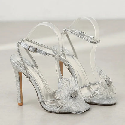 2025 Summer New brand Luxury Rhinestones Flowers Women Sandals Fashion Sequined Ankle Strap Stiletto High heels Female Shoes