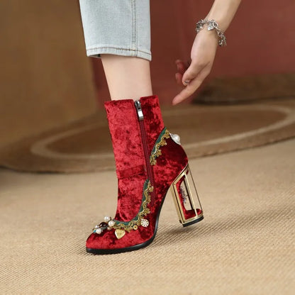 Royal Gemstone Jeweled Flower Velvet Ankle Boots Floral Crystal Cage Fretwork High Heels Blue Red Black Woman Bridal Booties