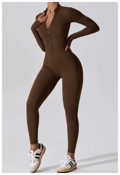 Yoga Boilersuit Long Sleeved Women's Sportswear Gym Zipper Jumpsuits Workout High-intensity Fitness One-piece Skin-tight Garment