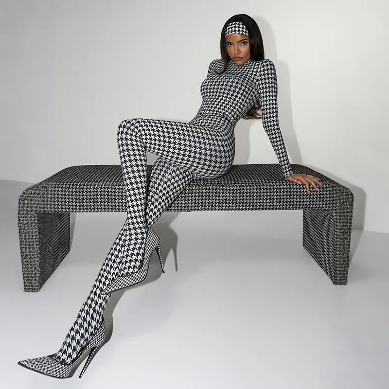 FLARORA Trend Print Foot Jumpsuits Woman Round Neck Long Sleeve Zip Skinny One Piece Overalls Street Stretch Clubwear 2025 New
