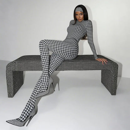 FLARORA Trend Print Foot Jumpsuits Woman Round Neck Long Sleeve Zip Skinny One Piece Overalls Street Stretch Clubwear 2025 New