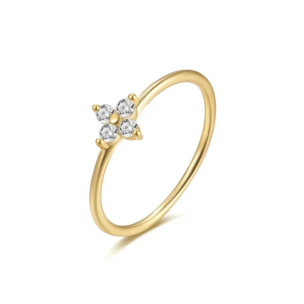 925 Thai Silver Inlaid Four Leaves Clover Zirconia Flower Ring for Women Simple Elegant Good Luck Anniversaries Jewelry Gift