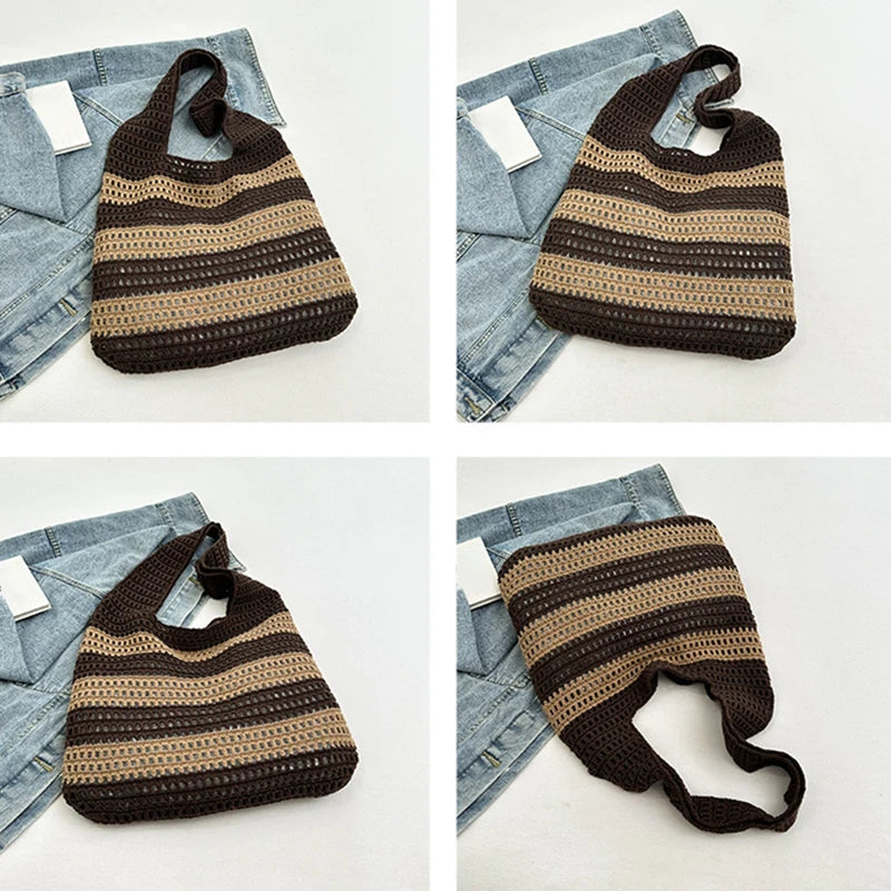 Wool Plush Woven Women Shoulder Bags Ladies Stripe Designer Knitted Braid Handbags Tote Summer Beach Shopper Purses