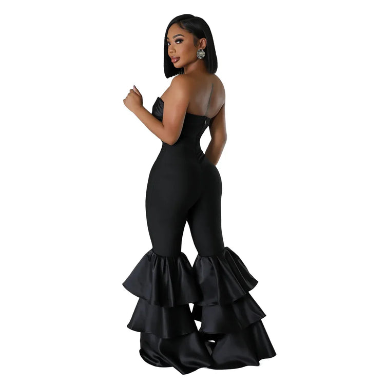 Jumpsuits Strapless Women Sleeveless Sexy Rompers One Piece Overalls Slim Fit Long Pant Ruffles Patchwork Elegant Lady