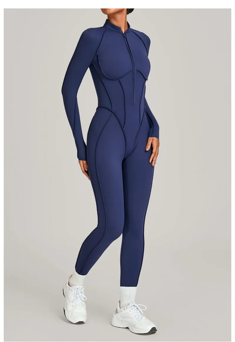 Women's Winter Yoga Jumpsuits Sports Fitness Hip-Lifting Slimming One-piece Zipper Long-Sleeved Outdoor Gym Workout Bodysuits