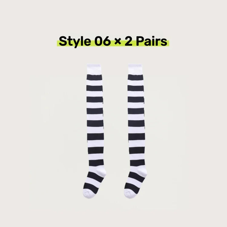 2 Pairs Women's Over The Knee Socks Cotton Thigh High Socks Black White Blue Colorful Striped Pattern Fashion Casual Daily Wear