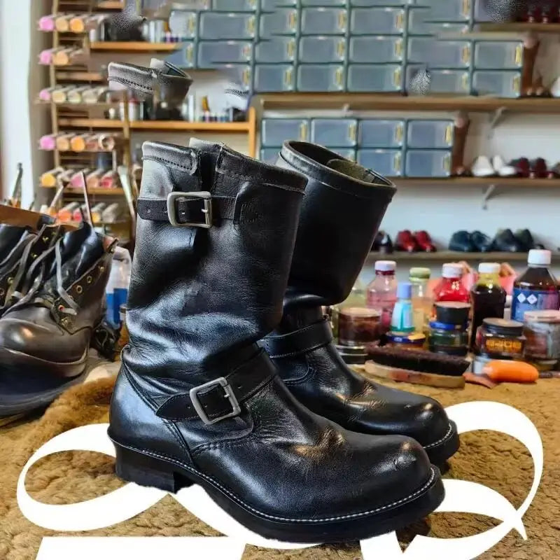 Men's Genuine Leather Engineer Boots Black Metal Buckle Strap Knight Boots Trendy Round Toe Mid-calf Motorcycle Boots