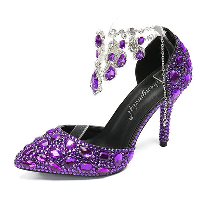 2024 Autumn Slim Heels Shallow Mouth Luxury Blue Water Diamond Pearl Women Single Shoes 9CM Wedding Party Shoes Sandalias Mujer