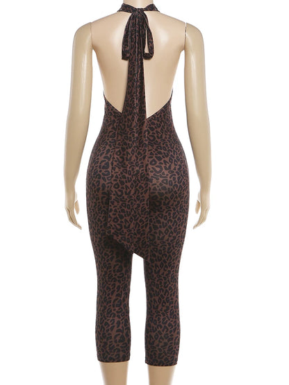 Weird Puss Sexy Leopard Print Romper Women Hottie Trend Halter Backless Bandages Sleeveless Fashion Midnight Street Playsuits