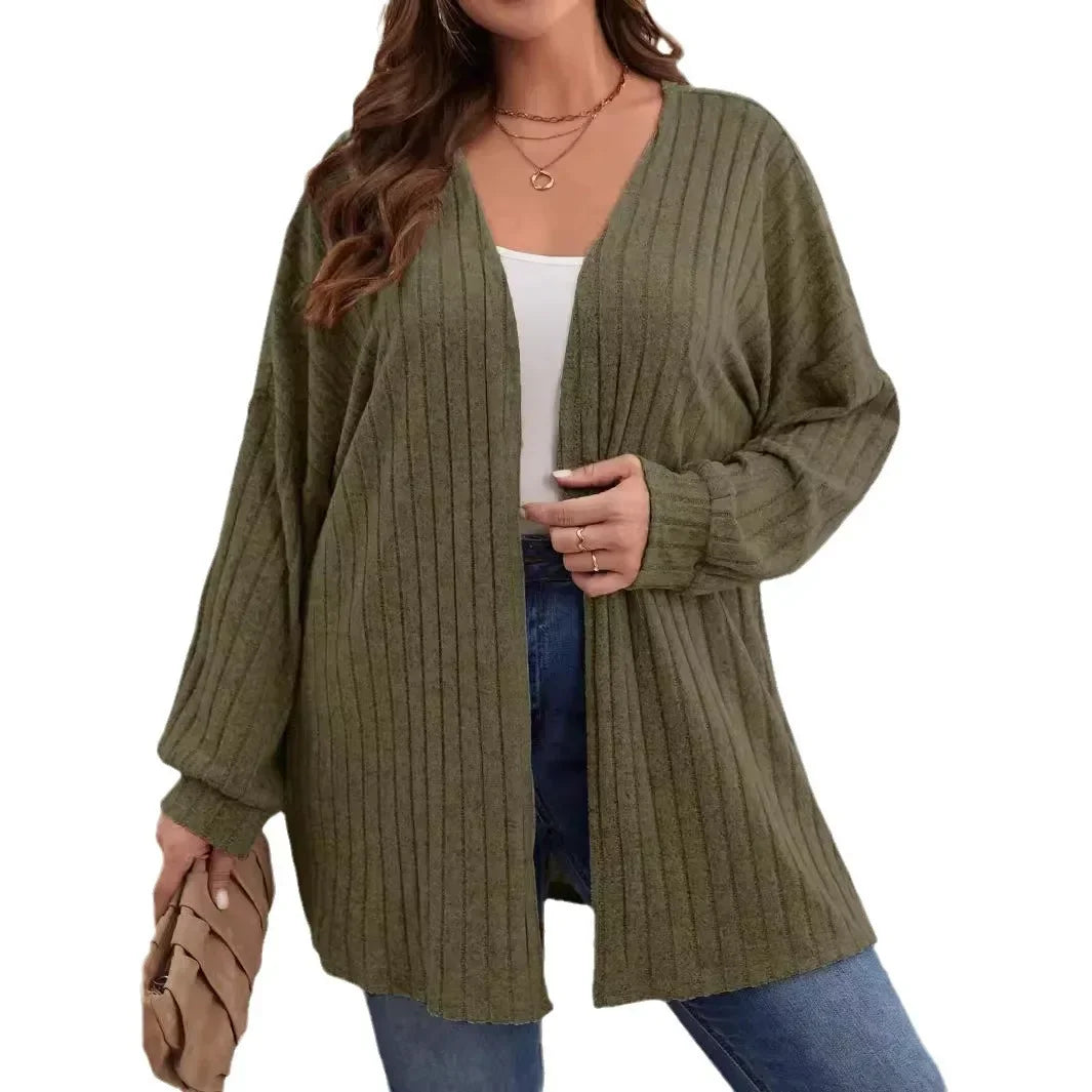 Autumn and Winter  Plus Size Women's 1XL-5XL Solid Color Loose Cardigan Top Women's Long Sleeved Knitted Jacket