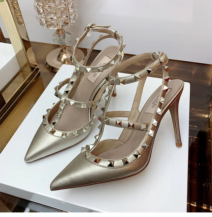 Women's Gladiator sandals Summer 2026 Luxury With Ankle Strap Pointed Toe Fashion Rivet High Heels Party Ladies Shoes Women 10cm