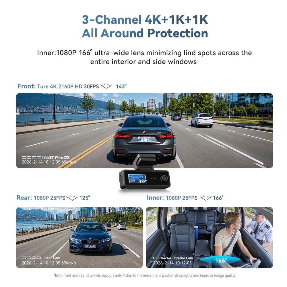 New DDPAI N4T Pro 4K+1K+1K Triple Dash Cam NightVIS 2.0 AI ISP Wi-Fi 6 ADAS GPS 4G Ready 24 7 Parking Monitoring Collision Wake Up Car DVR