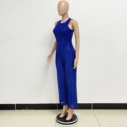 Bling Bling Sequined Club Jumpsuit Sexy Women O-neck Elegant Shiny Sliver Gold Sequins Straight Romper Overalls
