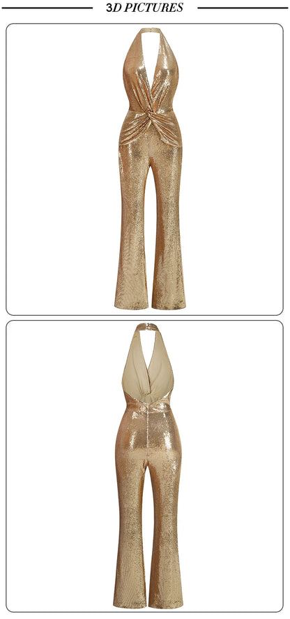 VC Gold Elegant Jumpsuits For Woman Luxury Brown Sequins Design Fashion Party Sexy Backless Sleeveless One Piece Female Clothing