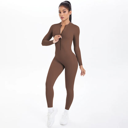 Solid Color Bodysuits for Woman's Backless Long Sleeved Zipper Yoga Jumpsuits High Dtrength Workout Sports Fitness Clothing Set