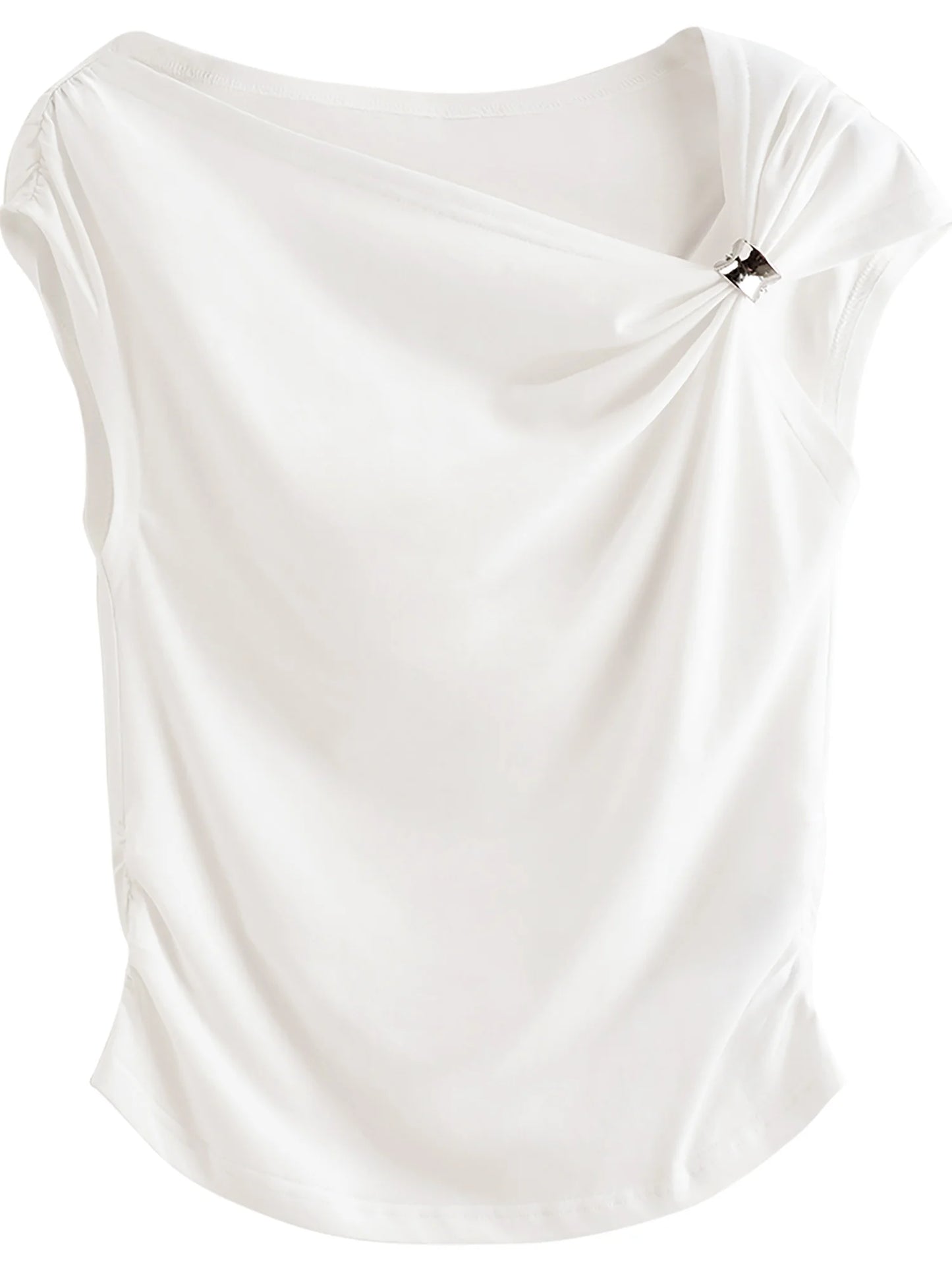 FSLE 【Premium Series】 Women's 2026 Summer New Asymmetrical Slant Neck Knit T-Shirt | Slim Fitted Stylish Top Cotton Contain Tops