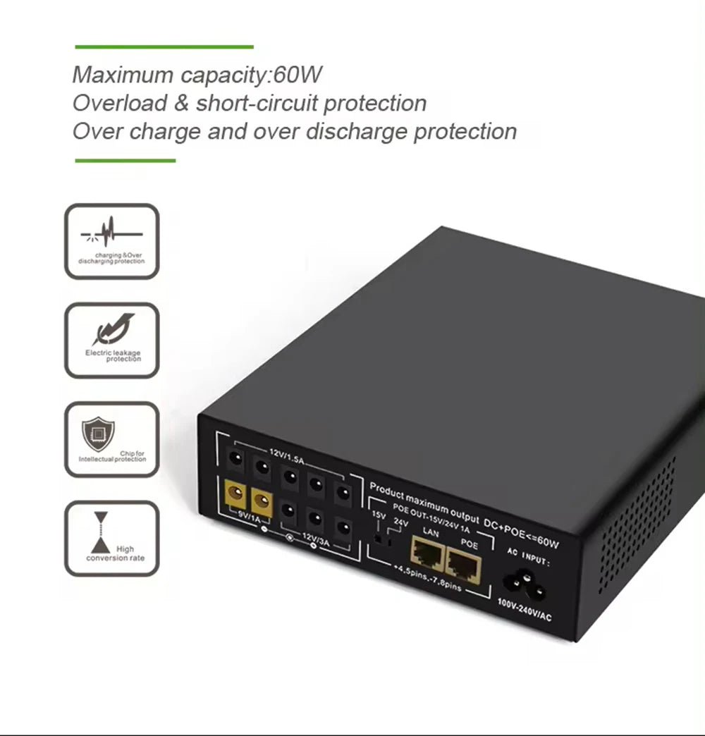 17600mAh Li-ion Battery SKE Mini DC UPS 60W POE UPS Portable Uninterrupted Power Adapter 10*Output DC POE Ports For Wifi Router