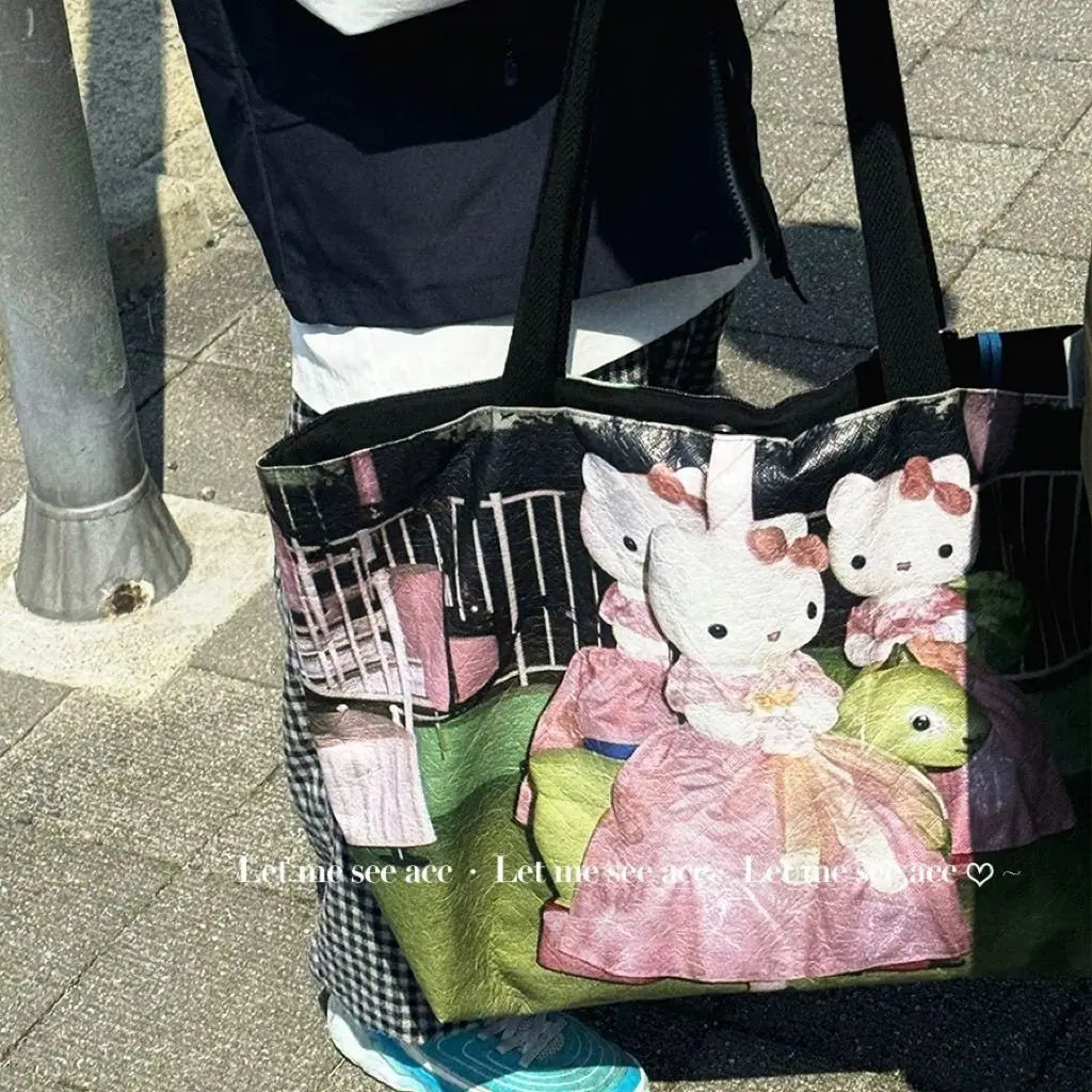 Y2k Hello Kitty Print Handbag Non-woven Fabric Creative Light-weight Shoulder Bag Large Capacity Leisure Shopping Bag for Women