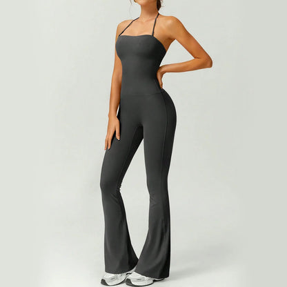 Female Sexy Backless Gym Jumpsuits Set Woman Training Yoga Flared Sportswear Woman Sports Clothes Fitness Elastic Training Suits