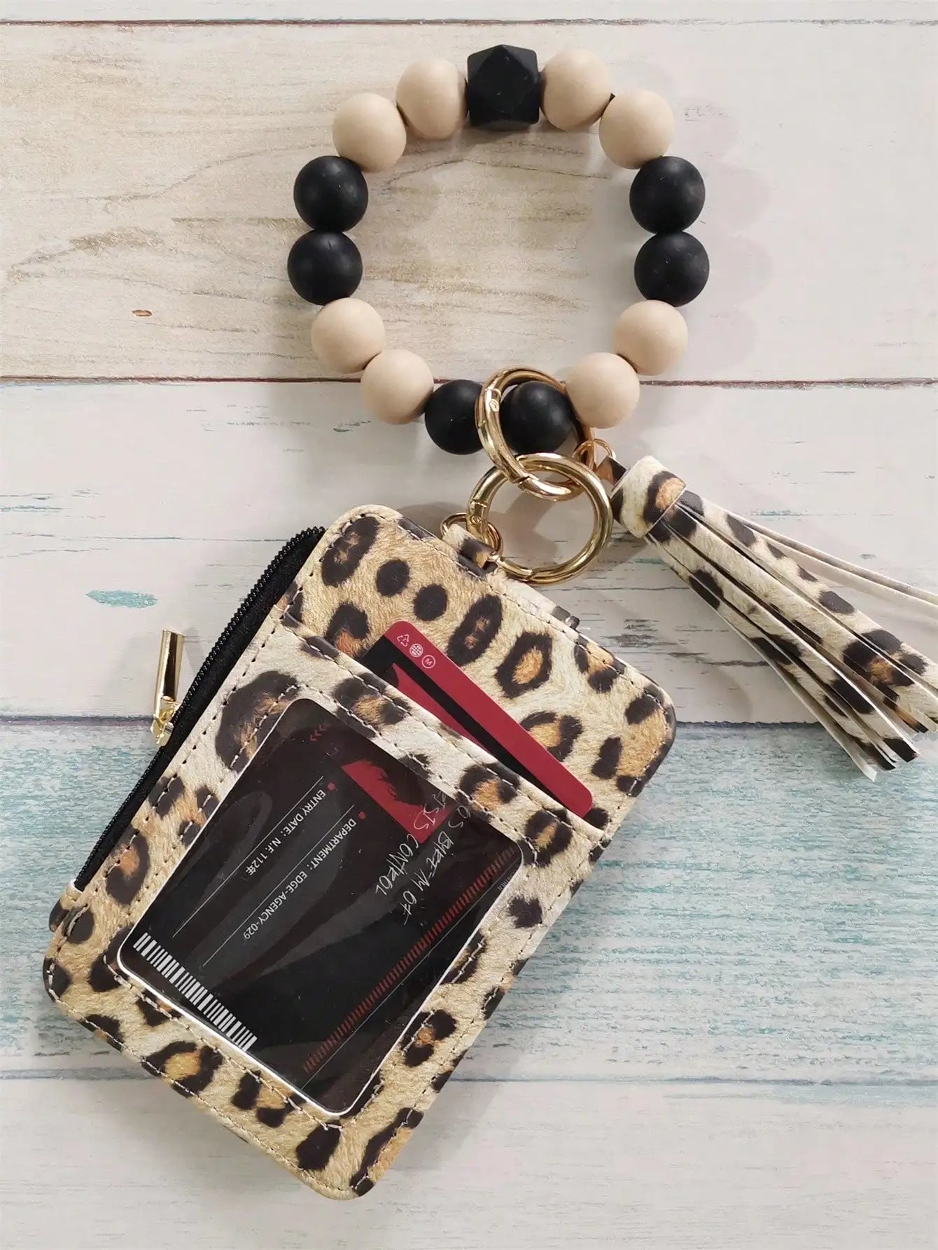 Leopard Print PU Card Holder Wallet with Silicone Beaded Wristlet Keychain, Multi Card Slots Zipper Coin Purse with Tassel Charm for Women Daily Carry