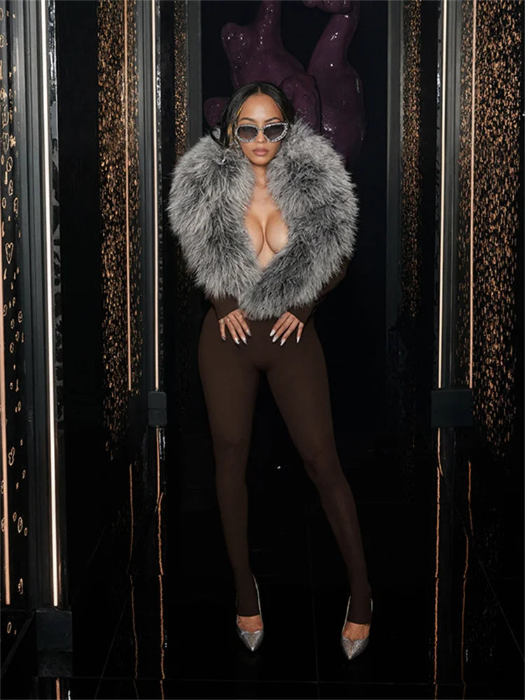 Weird Puss Furry Deep V-Neck Jumpsuits Woman Hipster Patchwork Trend Sexy Stretch Fitness Club Activity Luxury Midnight Overalls