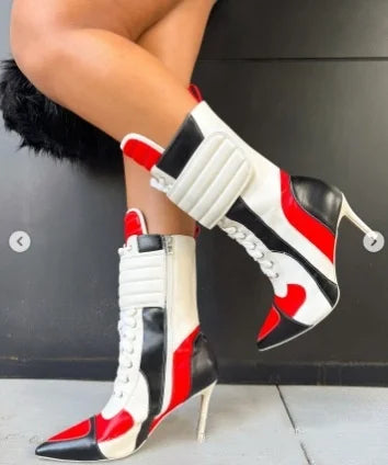 Punk Style Bling Rhinestone Pointed Toe Mid-Calf Women Boots Stiletto High Heels Lace Up Design Large Size Fashion Show Shoes