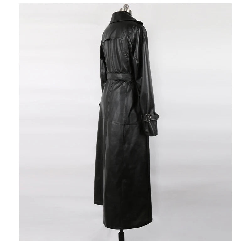 Mauroicardi Spring Autumn Waterproof Black Soft Pu Leather Trench Coat for Women Belt Double Breasted Floor Length Overcoat 2025
