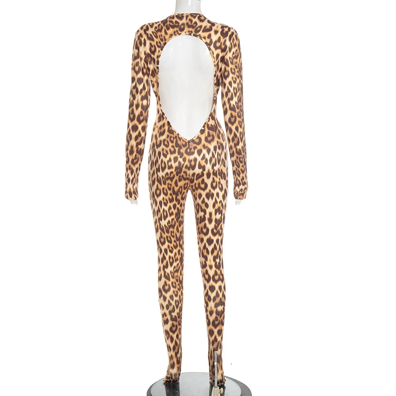 Leopard Print Jumpsuits Woman Deep V-Neck Cleavage Backless Full Sleeve Skinny Peach Hip Hot Girls Street Sexy Overalls