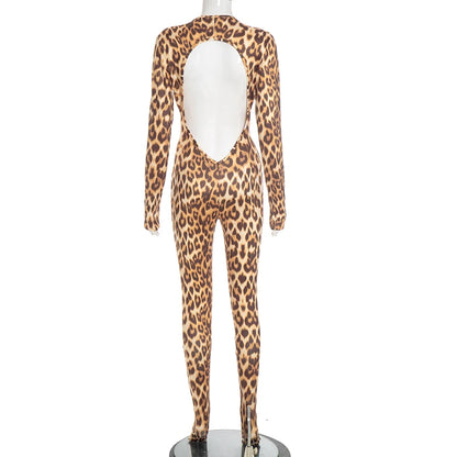 Leopard Print Jumpsuits Woman Deep V-Neck Cleavage Backless Full Sleeve Skinny Peach Hip Hot Girls Street Sexy Overalls
