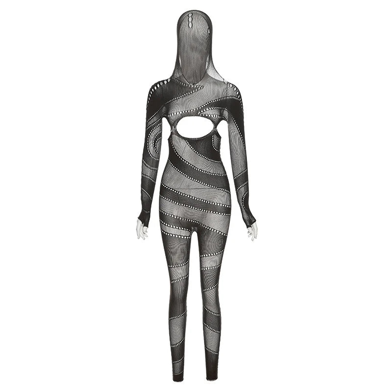 OMSJ High Stretchy Knitted Cut Out See-through Tight Jumpsuit High Waist Full Sleeve Hooded One Piece Nightclub Romper Partywear