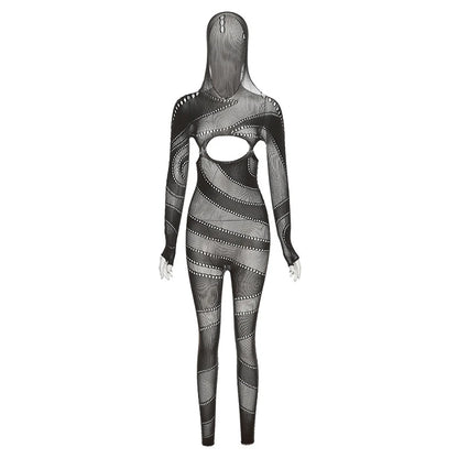 OMSJ High Stretchy Knitted Cut Out See-through Tight Jumpsuit High Waist Full Sleeve Hooded One Piece Nightclub Romper Partywear